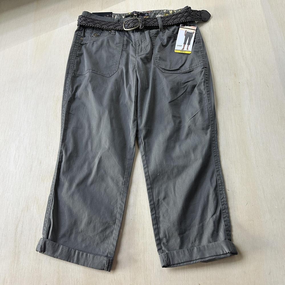 One 5 One Crop Capri Pants Womens 8 Grey Twill Cuffed Belted Pockets Casual